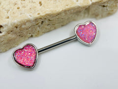 14G Silver Pink Druzy Stones Heart Shape Nipple Barbell. Nipple Piercings. Nipple Rings. Nipple Jewelry.