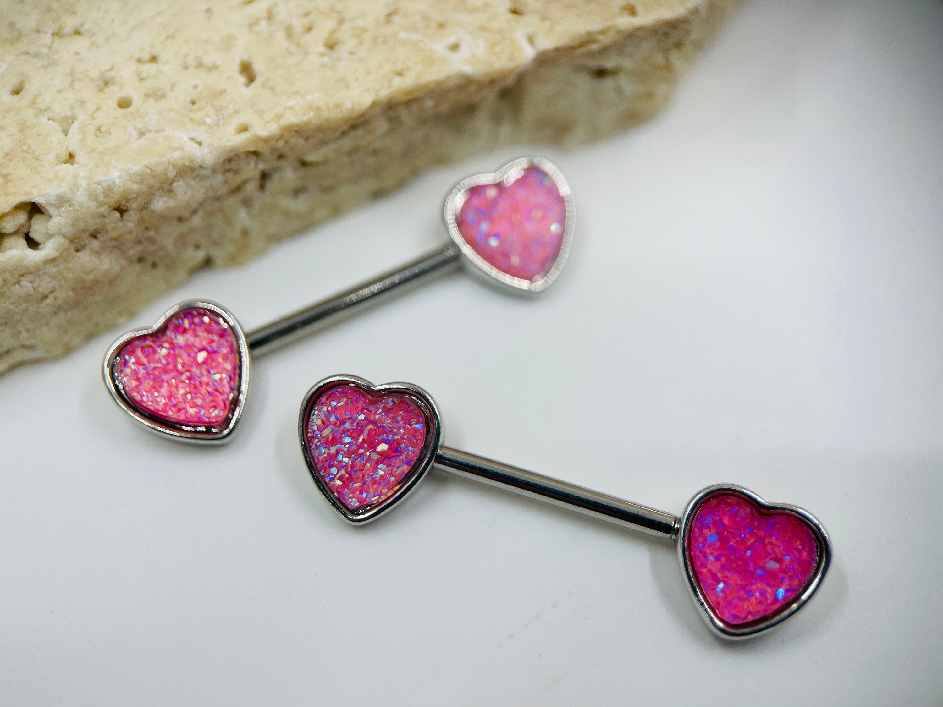 14G Silver Pink Druzy Stones Heart Shape Nipple Barbell. Nipple Piercings. Nipple Rings. Nipple Jewelry.