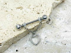 14G Dangling Chain & Heart Nipple Barbell, Hanging Chain Nipple Bars, Nipple Jewelry