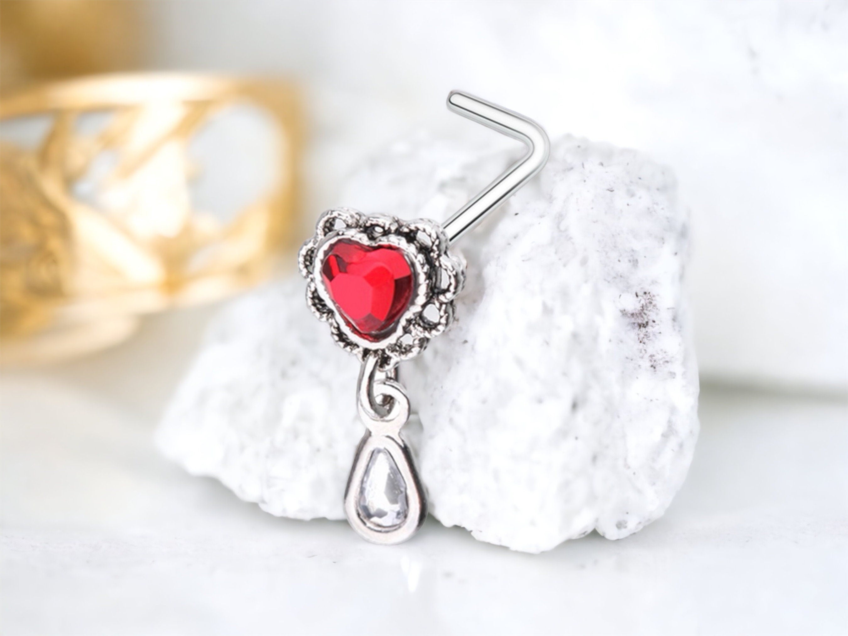 Red Heart L Shape Nose Stud, Dangling Gem Nose Stud