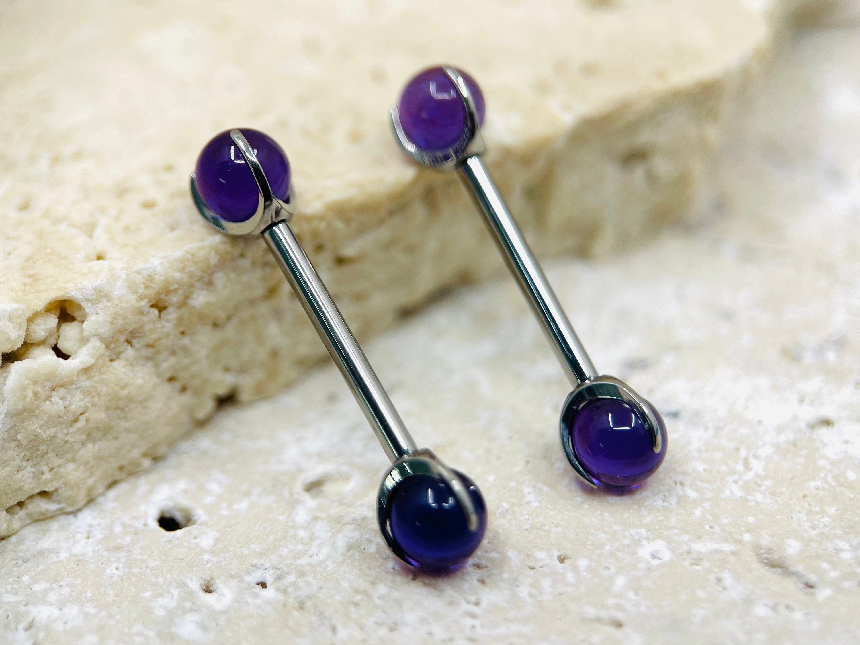 Implant Grade Titanium Natural Amethyst Stone Nipple Barbell, Internally Threaded Titanium Nipple Jewelry