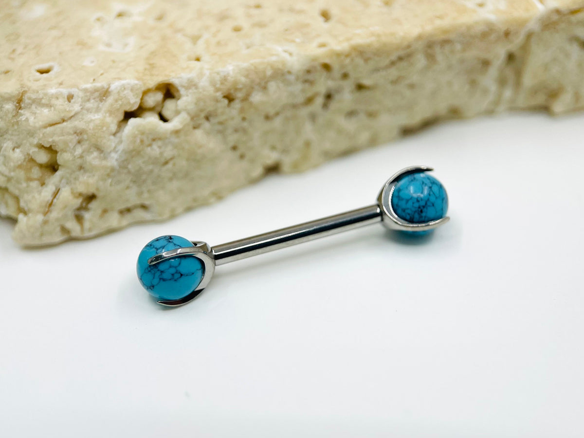 Implant Grade Titanium Natural Turquoise Stone Nipple Barbell, Internally Threaded Titanium Nipple Jewelry