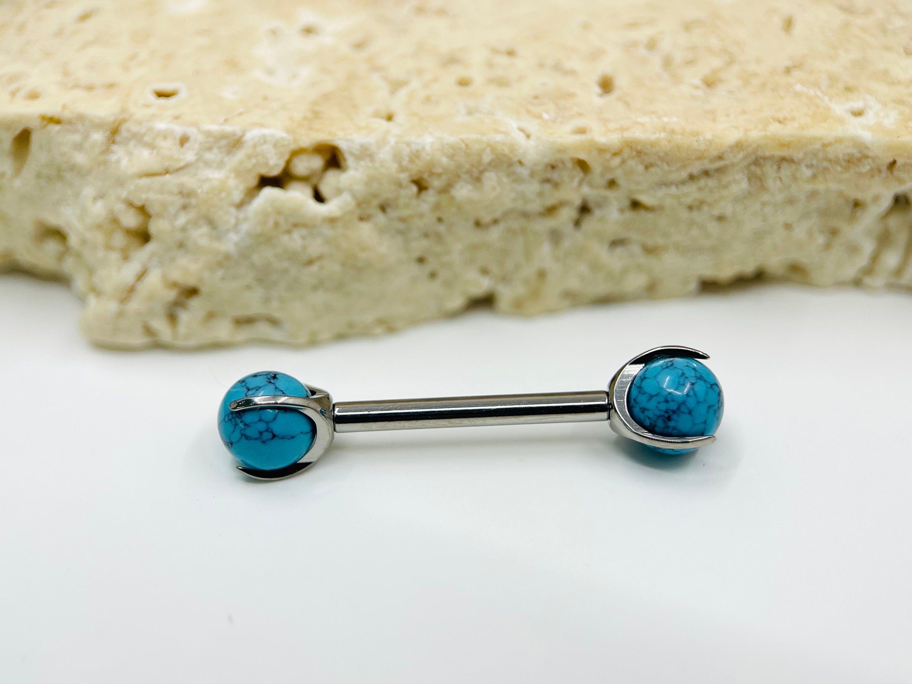 Implant Grade Titanium Natural Turquoise Stone Nipple Barbell, Internally Threaded Titanium Nipple Jewelry