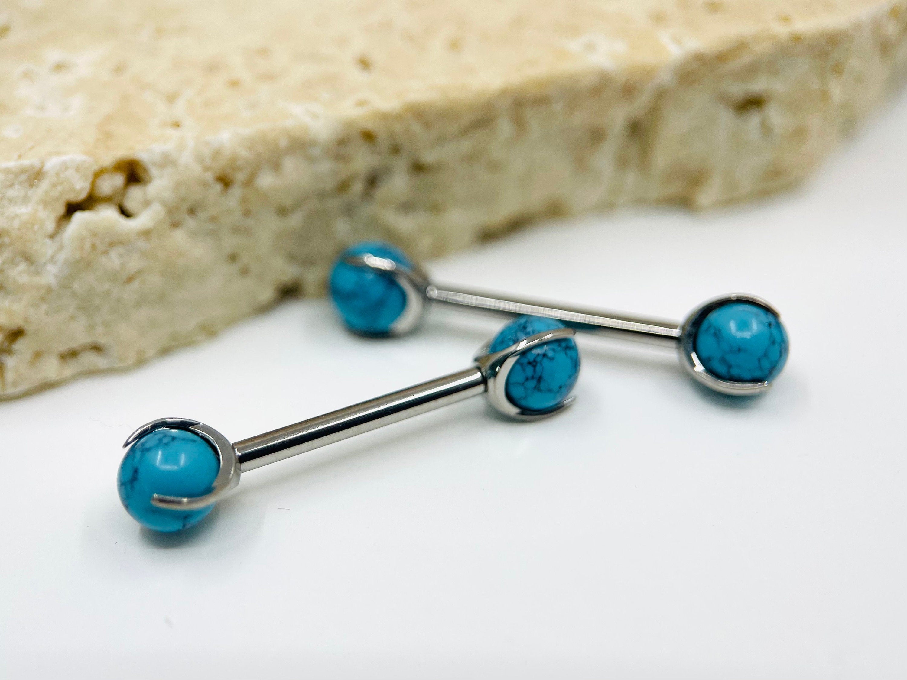 Implant Grade Titanium Natural Turquoise Stone Nipple Barbell, Internally Threaded Titanium Nipple Jewelry