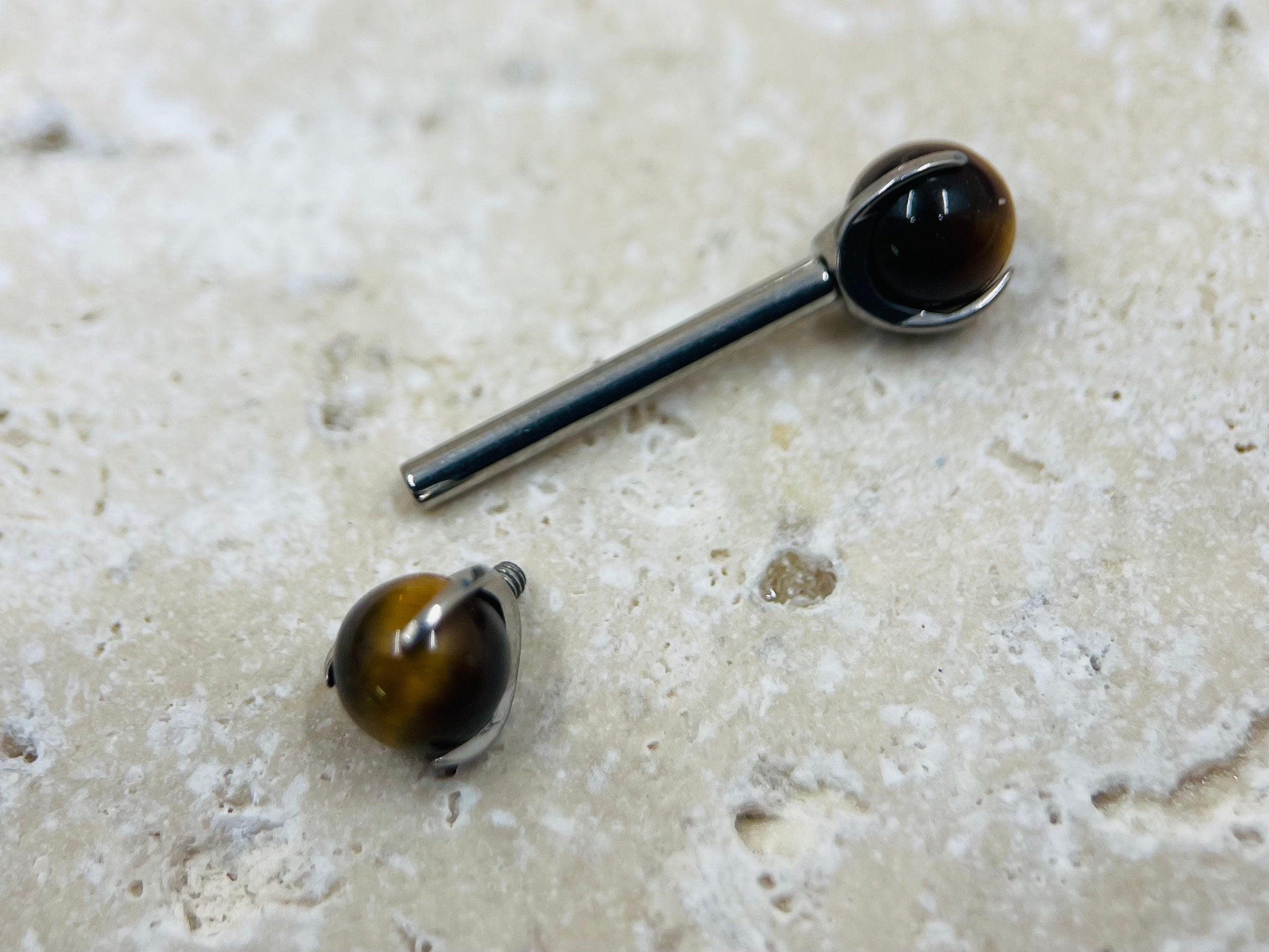 Implant Grade Titanium Natural Tiger Eye Stone Nipple Barbell, Internally Threaded Titanium Nipple Jewelry