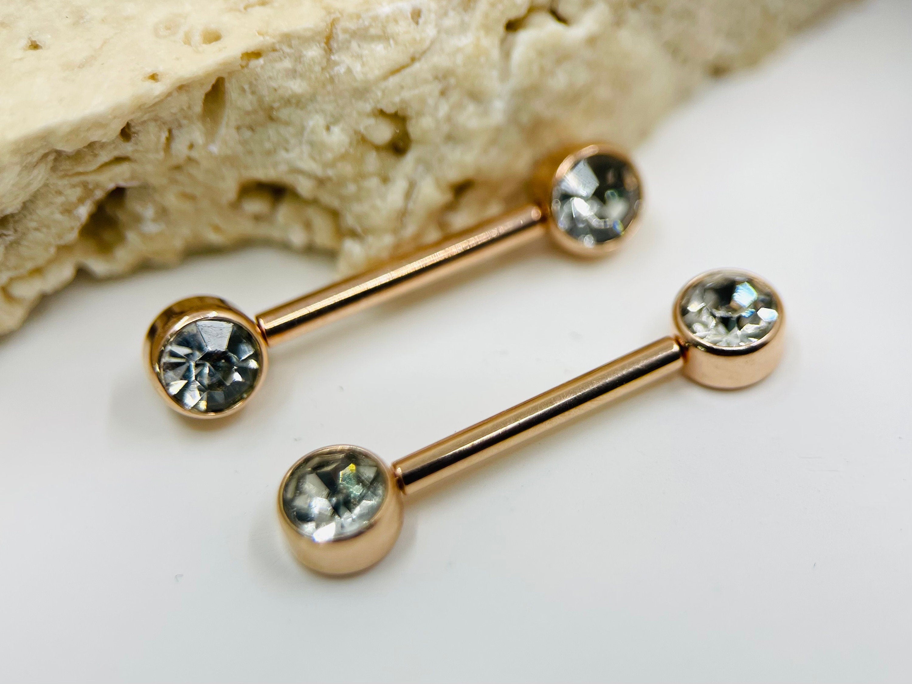 Pair of 14G Rose Gold Push-In Threadless Bezel Set Flat Back Clear Stone Nipple Barbells. Nipple Rings. Nipple Piercing. Nipple Jewelry