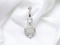 Silver Heart Dangling Belly Button Ring Piercing, Navel Ring, Dangling Heart Charm Belly Ring