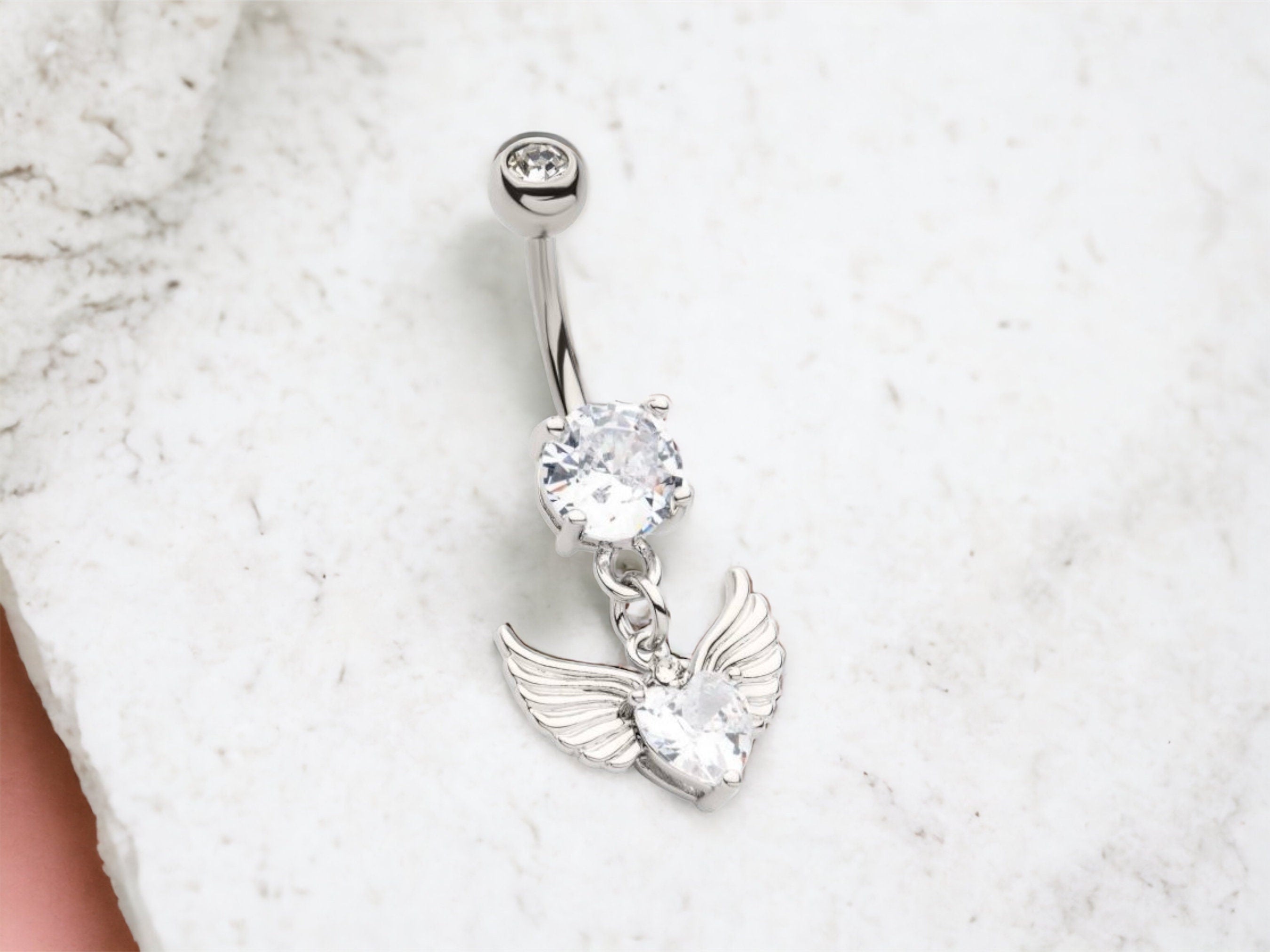 Silver Wings & Heart Belly Button Ring. Navel Ring, Dangling Wings Charm Belly Button Piercing