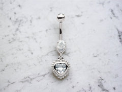 Silver Beaded Heart & Teardrop Dangling Belly Button Ring Piercing, Navel Ring, Dangling Heart Charm Belly Ring