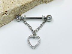 14G Dangling Chain & Heart Nipple Barbell, Hanging Chain Nipple Bars, Nipple Jewelry