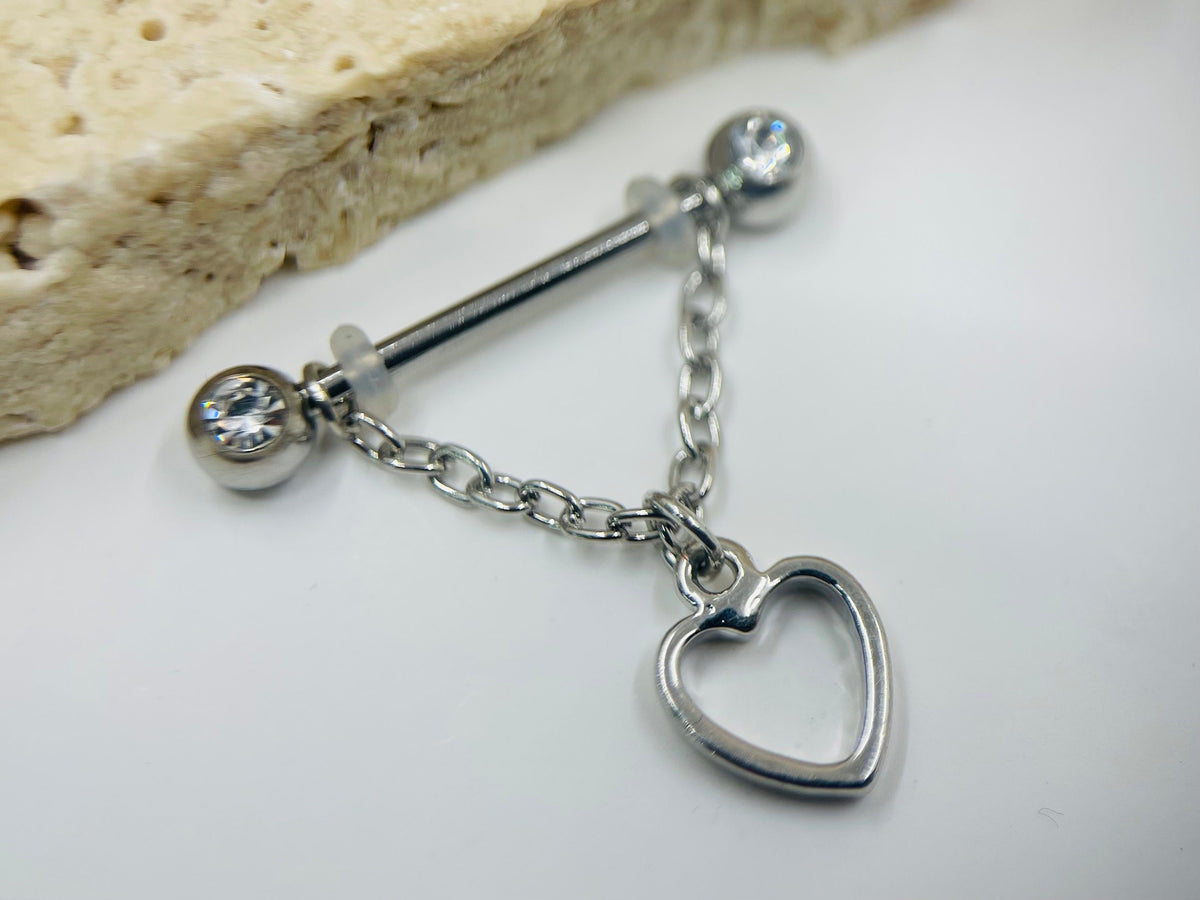 14G Dangling Chain & Heart Nipple Barbell, Hanging Chain Nipple Bars, Nipple Jewelry