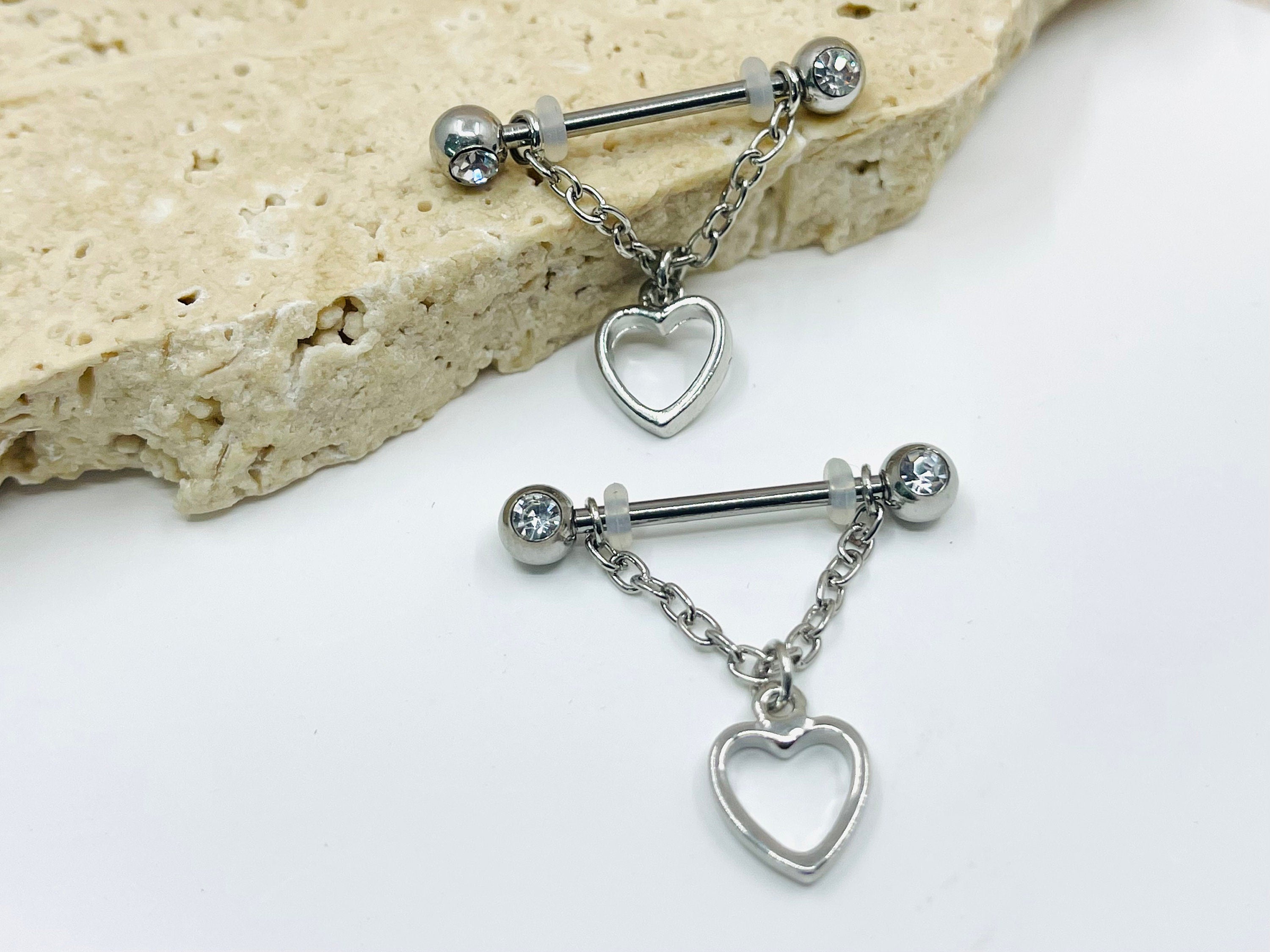 14G Dangling Chain & Heart Nipple Barbell, Hanging Chain Nipple Bars, Nipple Jewelry