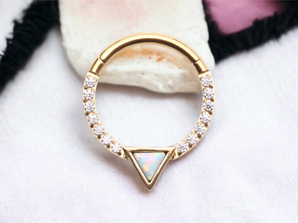 16G Gold White Opal Cut Seamless Hinged Septum Clicker Ring