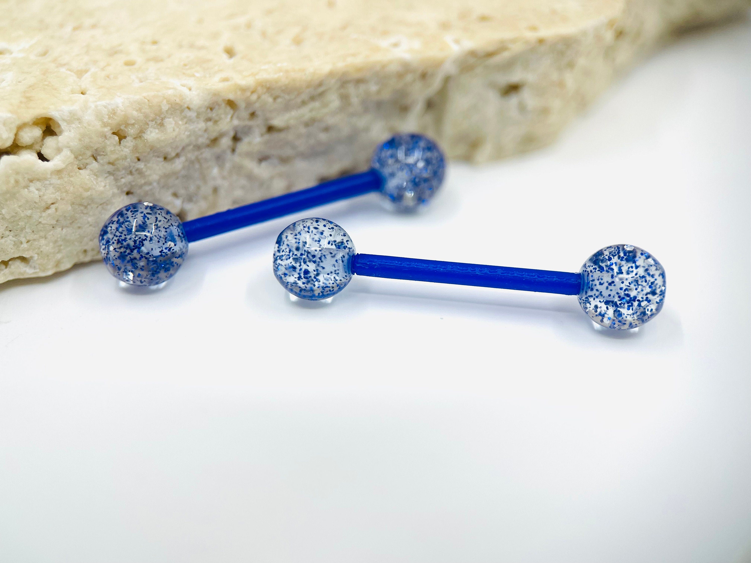 Blue Glitter Bioxflex Nipple Barbells, Metal Free Flexible Nipple Barbells, Nipple Jewelry, Nipple Piercing