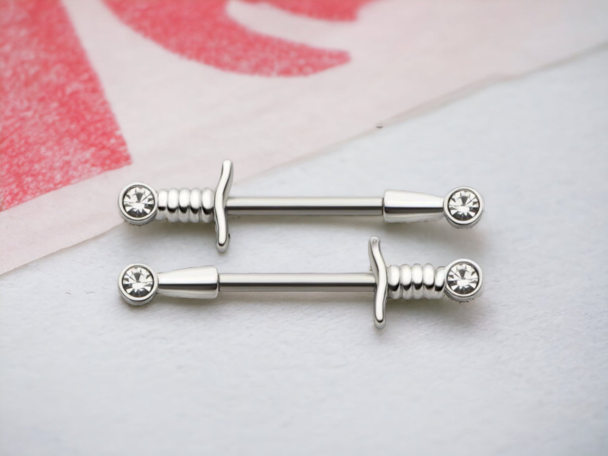 14G Silver Dagger Nipple Barbells, Bezel Set Clear Gem Nipple Rings, Nipple Jewelry