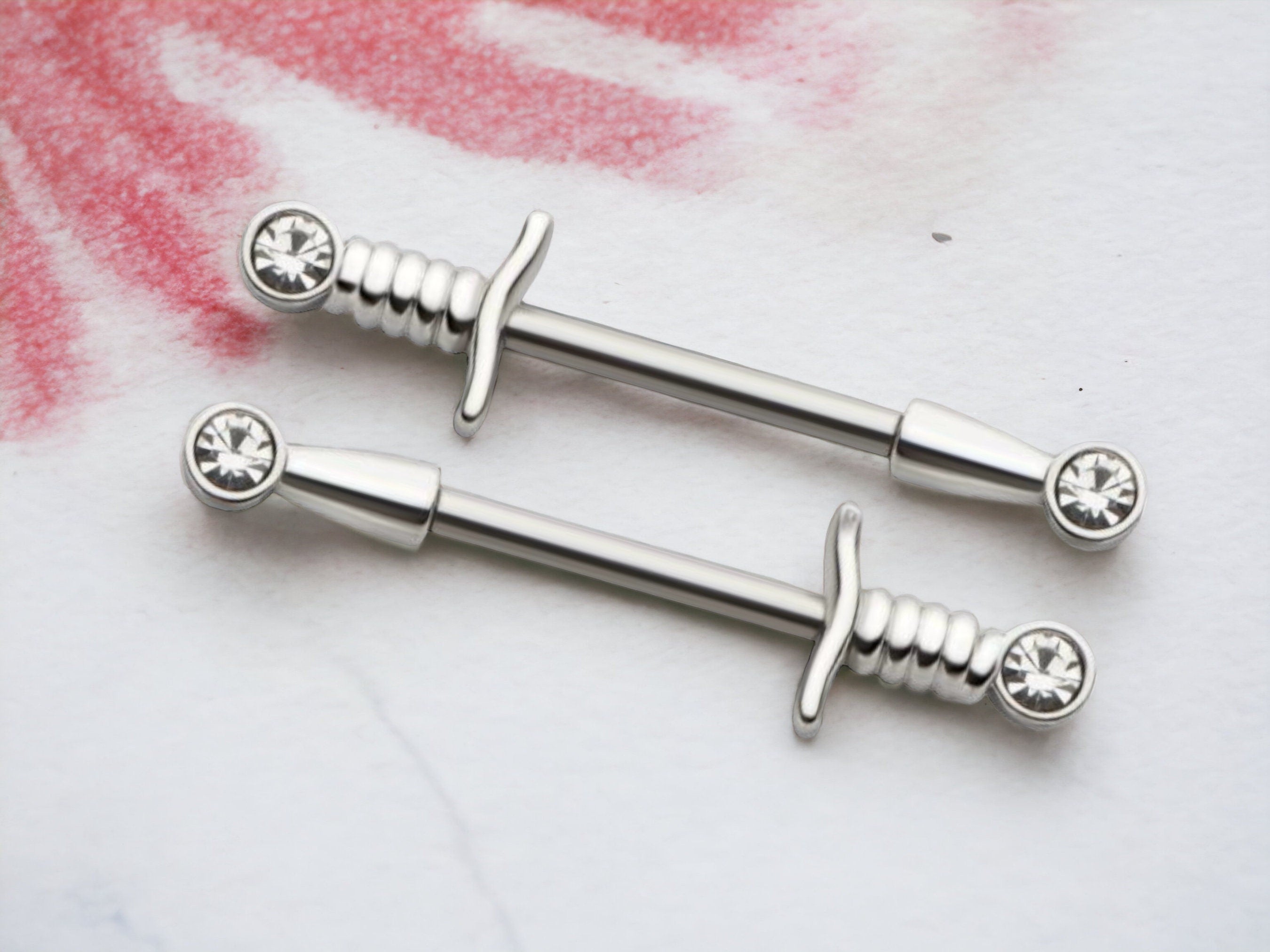 14G Silver Dagger Nipple Barbells, Bezel Set Clear Gem Nipple Rings, Nipple Jewelry