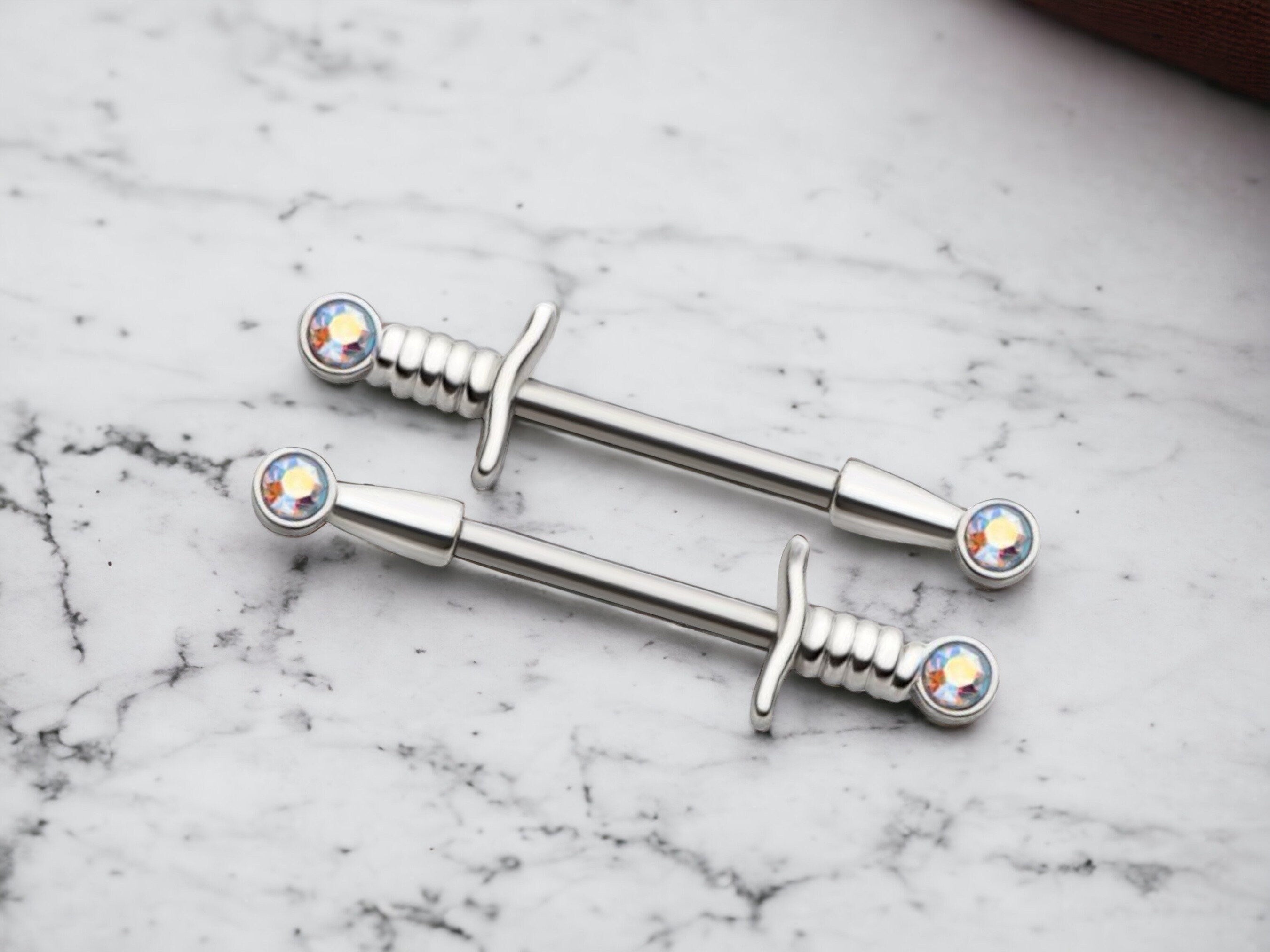 14G Silver Dagger Nipple Barbells, Bezel Set Multicolor Gem Gem Nipple Rings, Nipple Jewelry