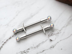 14G Silver Dagger Nipple Barbells, Bezel Set Multicolor Gem Gem Nipple Rings, Nipple Jewelry