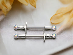 14G Silver Dagger Nipple Barbells, Bezel Set Multicolor Gem Gem Nipple Rings, Nipple Jewelry