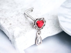 Red Heart L Shape Nose Stud, Dangling Gem Nose Stud