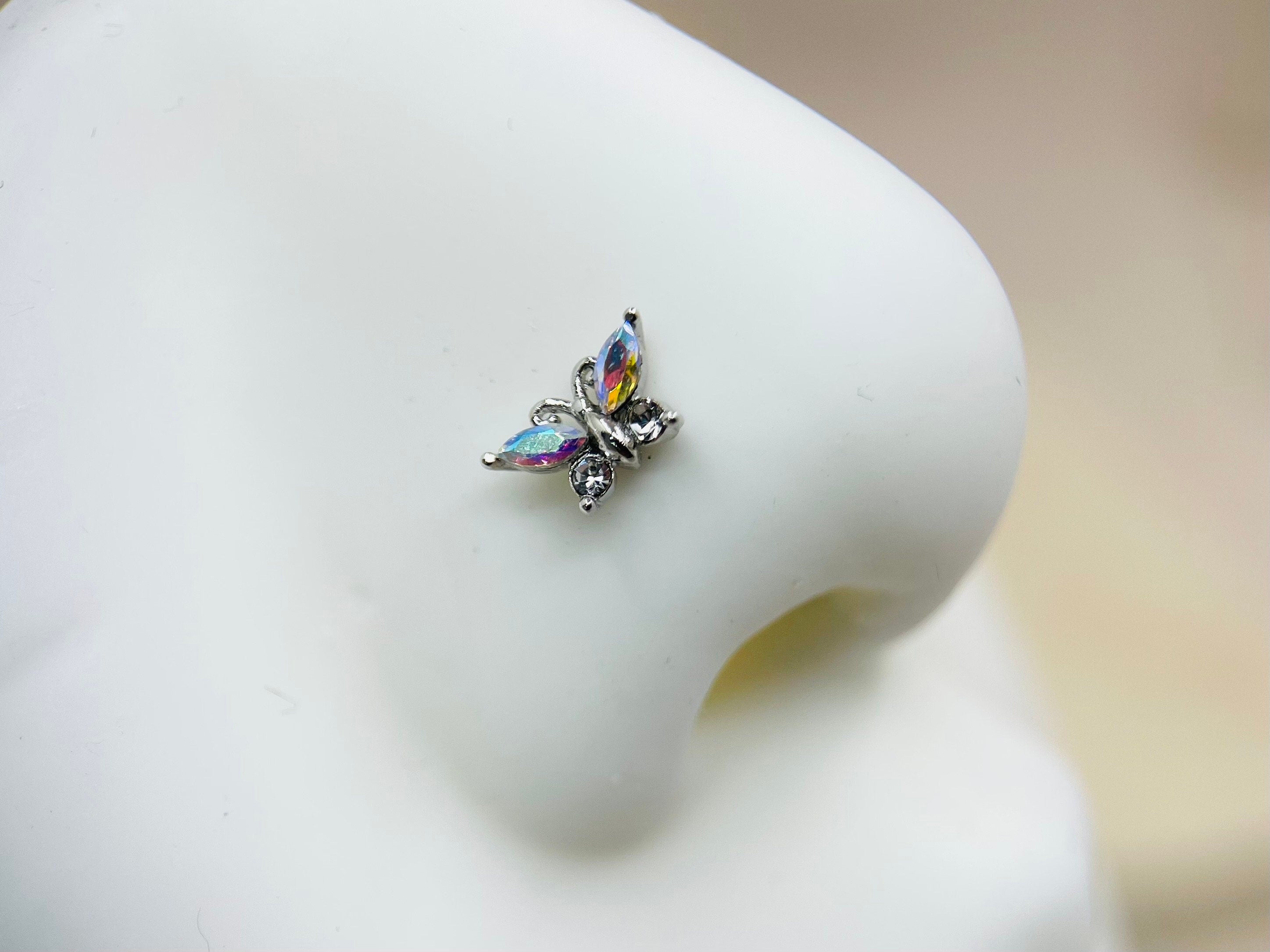 20G Silver Sparkling Iridescent Gem Butterfly L Shape Nose Stud