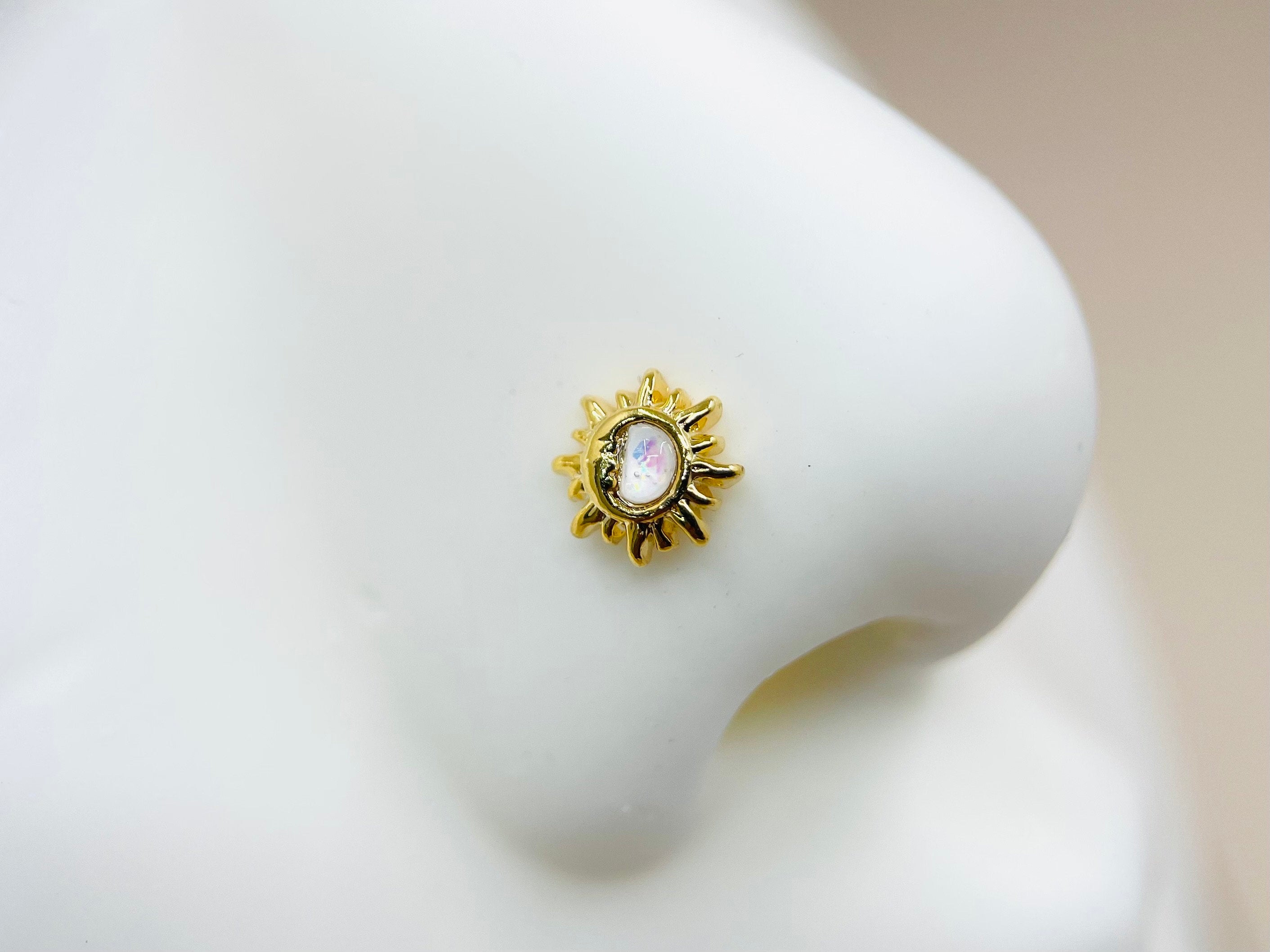 20G Gold White Opal Sun Crescent Moon L Shape Nose Stud