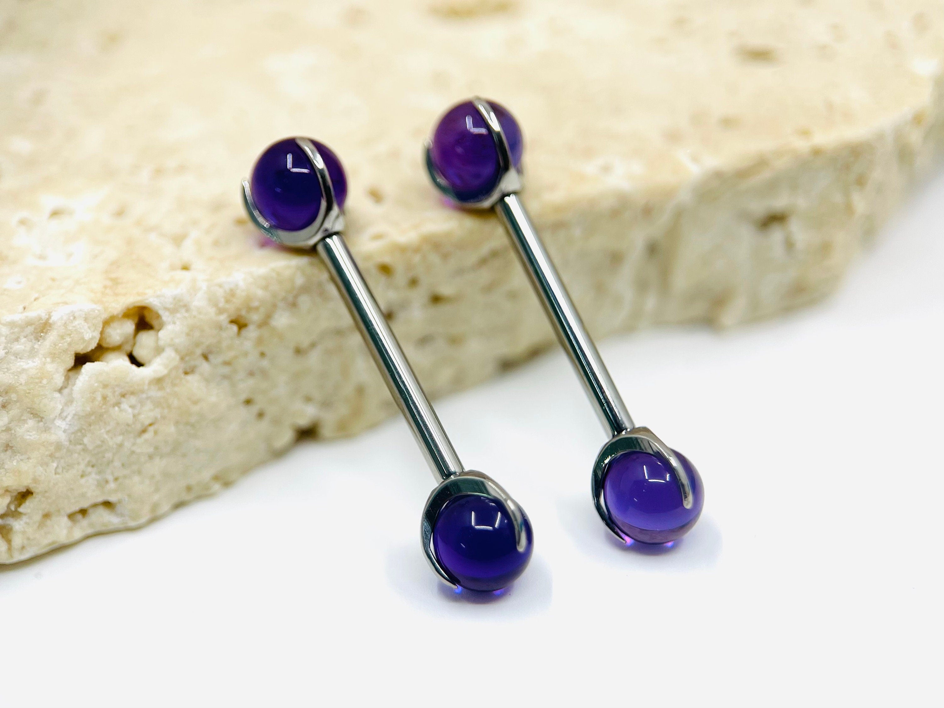 Implant Grade Titanium Natural Amethyst Stone Nipple Barbell, Internally Threaded Titanium Nipple Jewelry