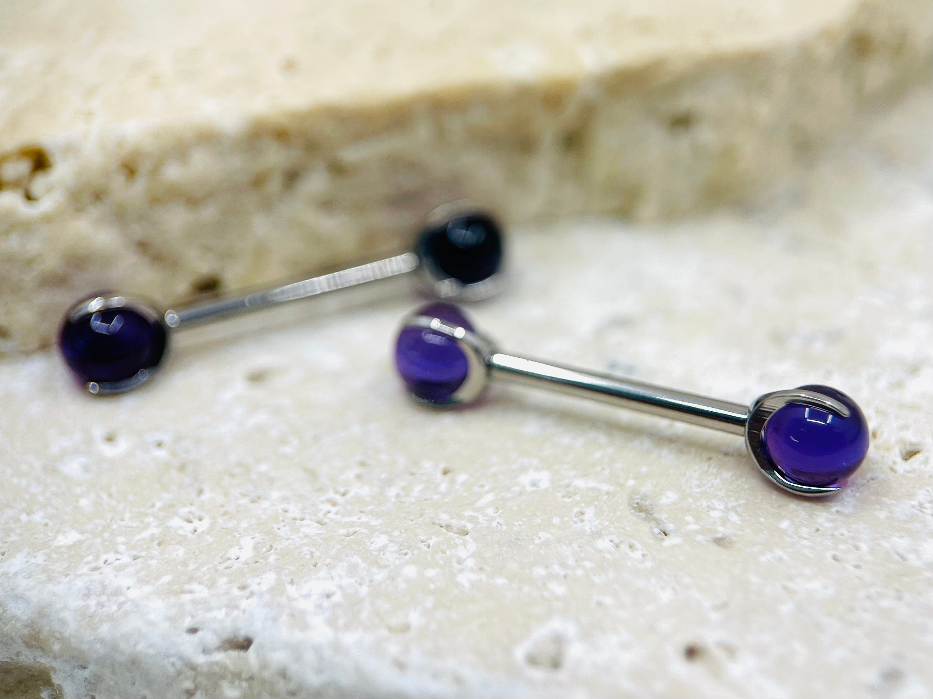 Implant Grade Titanium Natural Amethyst Stone Nipple Barbell, Internally Threaded Titanium Nipple Jewelry