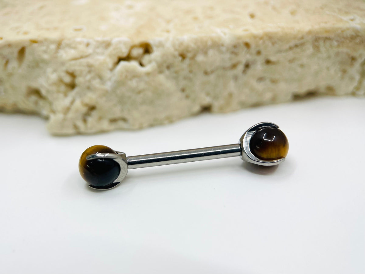 Implant Grade Titanium Natural Tiger Eye Stone Nipple Barbell, Internally Threaded Titanium Nipple Jewelry