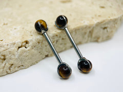 Implant Grade Titanium Natural Tiger Eye Stone Nipple Barbell, Internally Threaded Titanium Nipple Jewelry