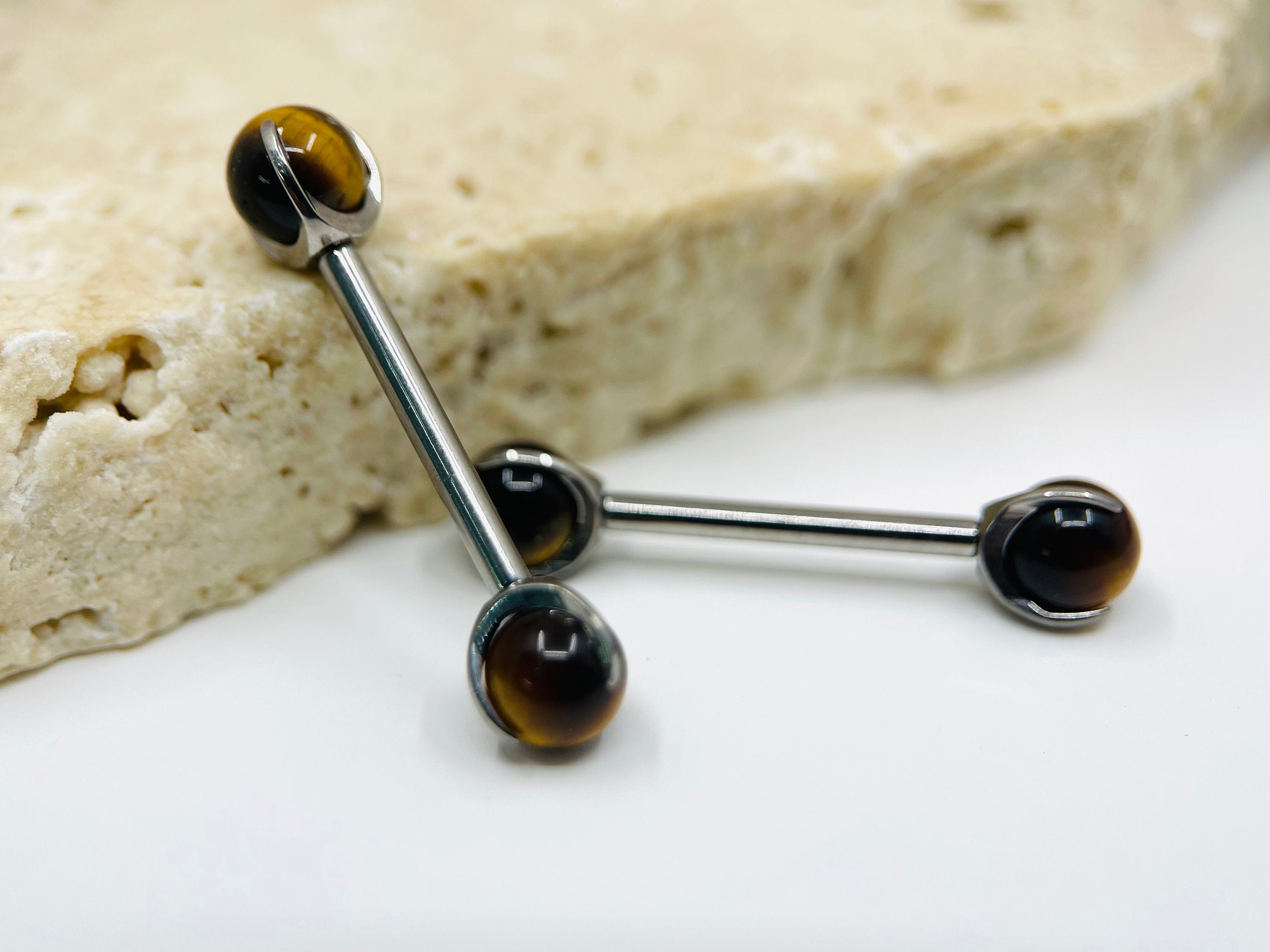 Implant Grade Titanium Natural Tiger Eye Stone Nipple Barbell, Internally Threaded Titanium Nipple Jewelry