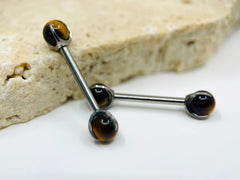 Implant Grade Titanium Natural Tiger Eye Stone Nipple Barbell, Internally Threaded Titanium Nipple Jewelry