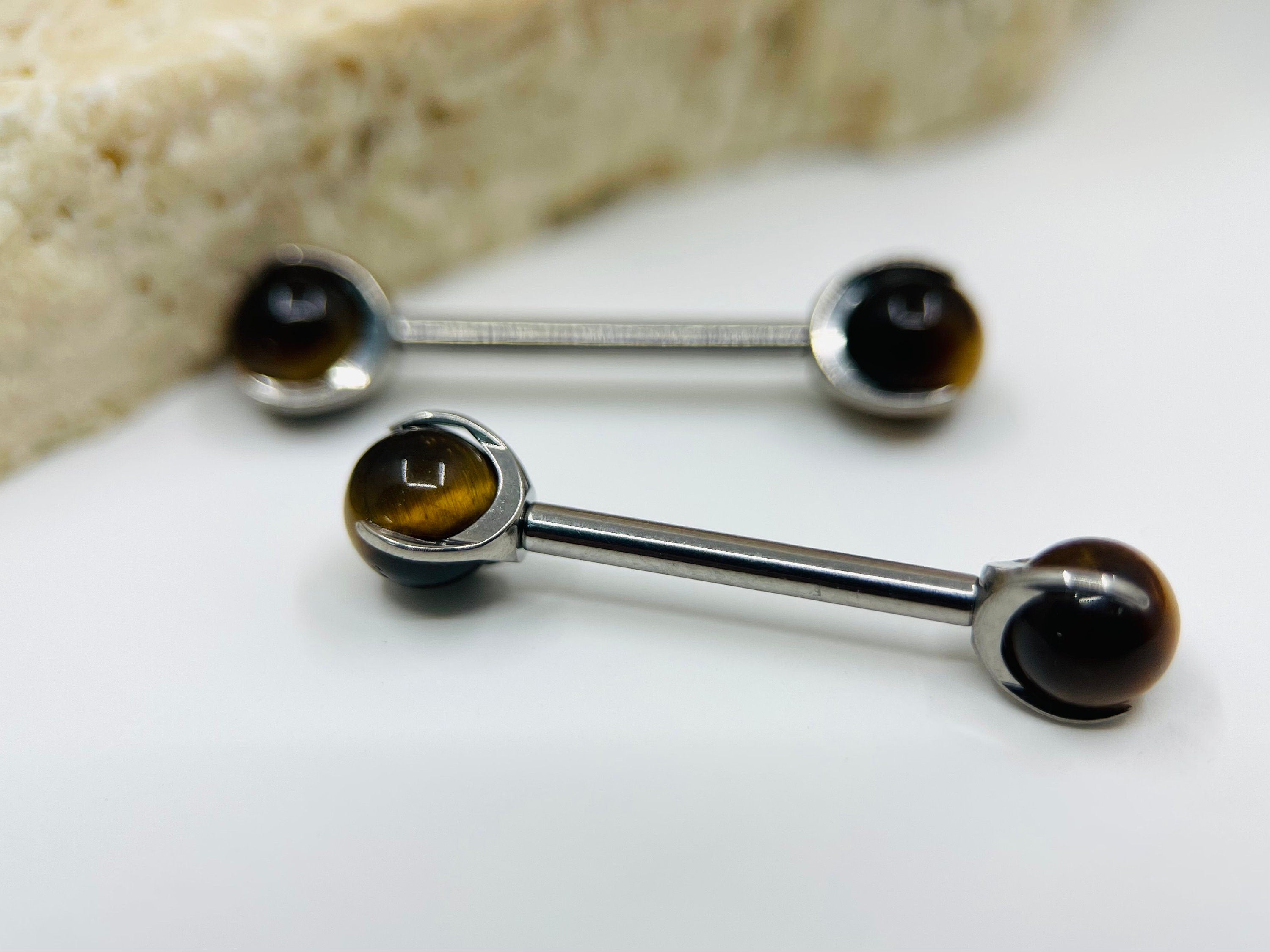 Implant Grade Titanium Natural Tiger Eye Stone Nipple Barbell, Internally Threaded Titanium Nipple Jewelry