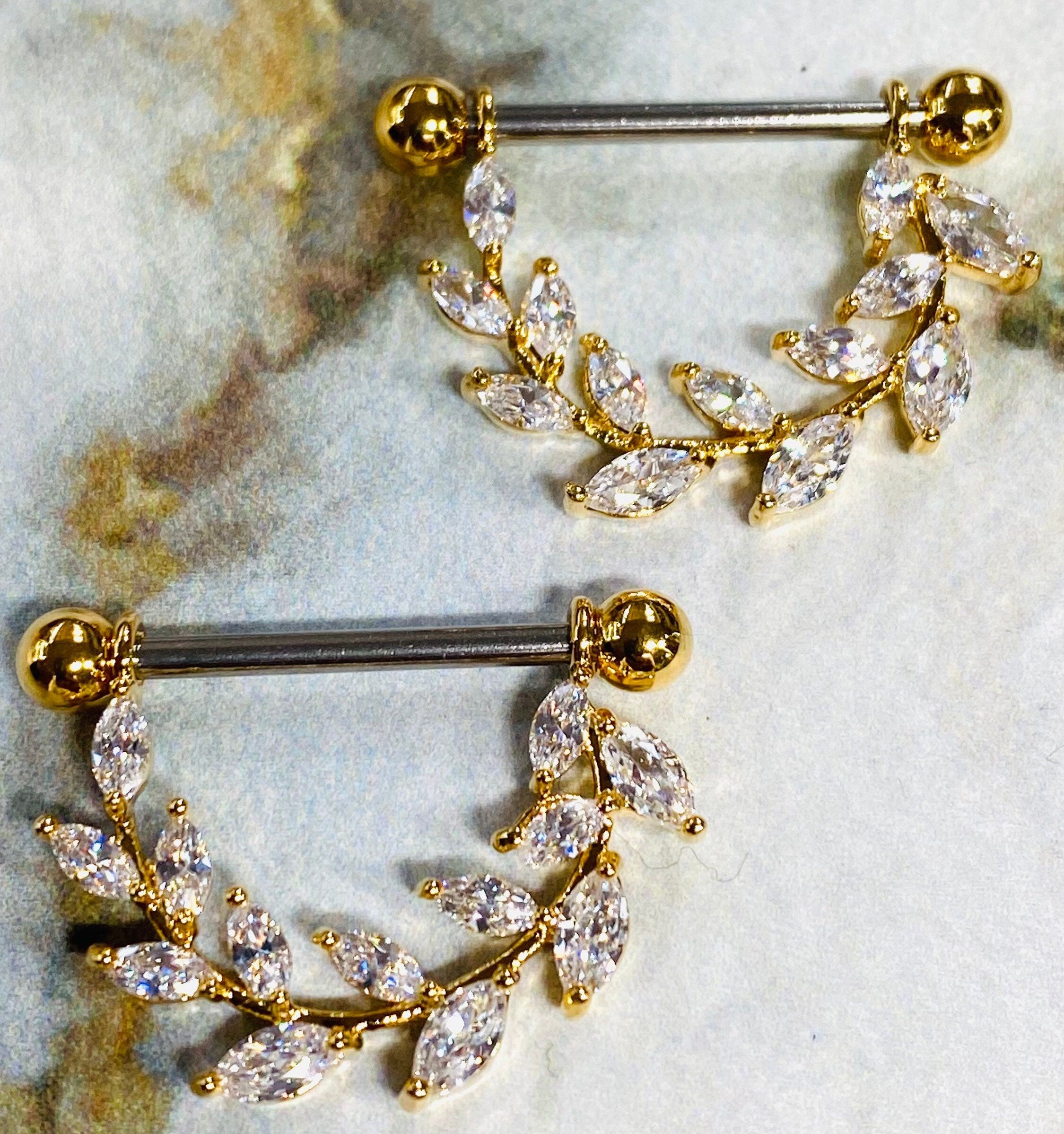 14G Gold Marquise Stones Vine Nipple Barbell. Nipple Piercings. Nipple Jewelry. Nipple Rings