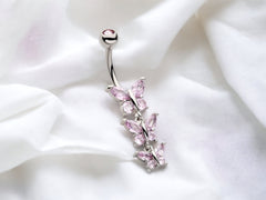 Pink Triple Butterfly Belly Button Ring Piercing, Navel Ring, Dangling Butterfly Charm Belly Button Piercing