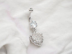 Silver Heart Dangling Belly Button Ring Piercing, Navel Ring, Dangling Heart Charm Belly Ring