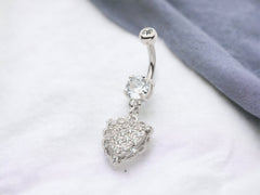 Silver Heart Dangling Belly Button Ring Piercing, Navel Ring, Dangling Heart Charm Belly Ring