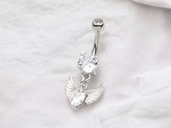 Silver Wings & Heart Belly Button Ring. Navel Ring, Dangling Wings Charm Belly Button Piercing