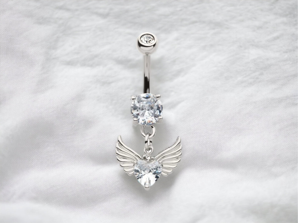 Silver Wings & Heart Belly Button Ring. Navel Ring, Dangling Wings Charm Belly Button Piercing