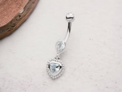 Silver Beaded Heart & Teardrop Dangling Belly Button Ring Piercing, Navel Ring, Dangling Heart Charm Belly Ring