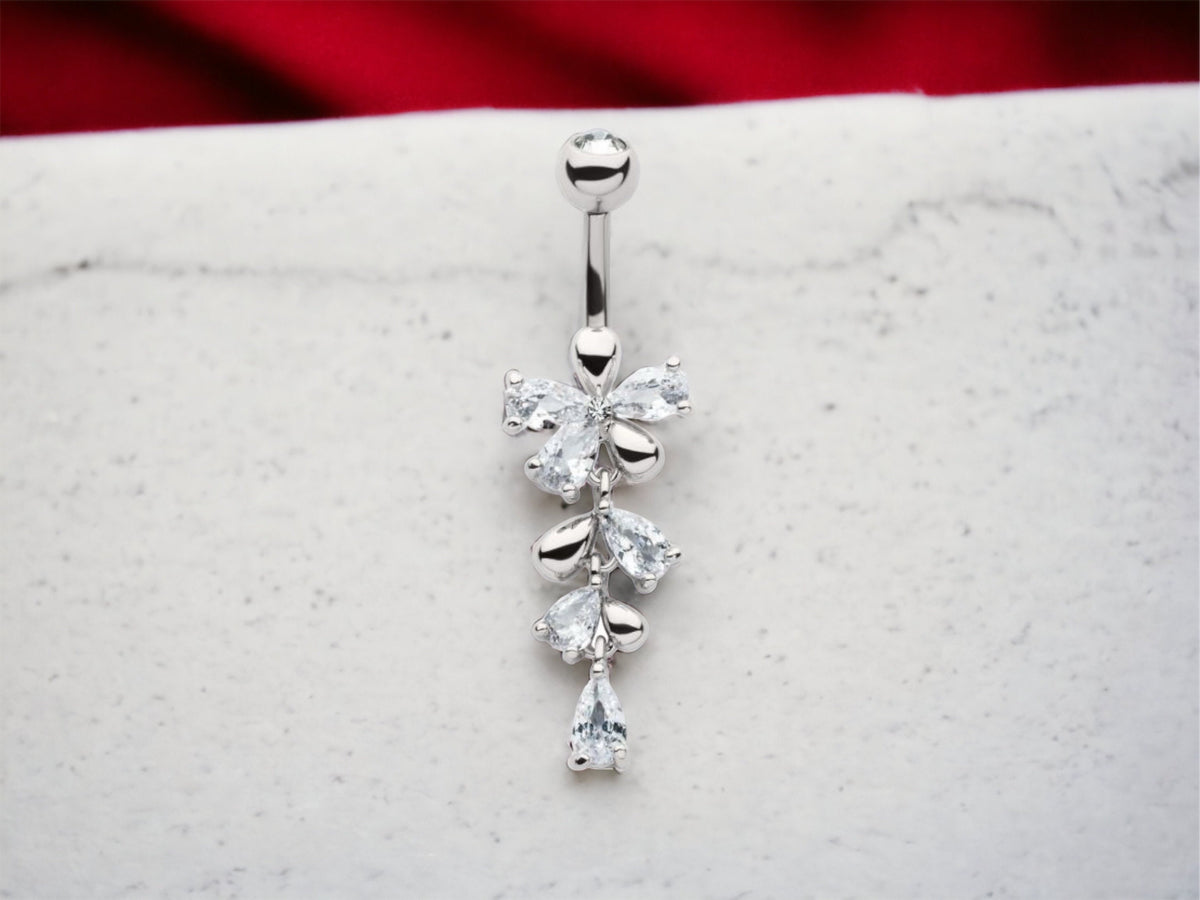 Silver Vine & Teardrop Dangling Belly Button Ring Piercing, Navel Ring, Dangling Heart Charm Belly Ring