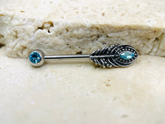 14G Blue Gem Feather Nipple Barbell • Feather Nipple Piercing • Nipple Jewelry