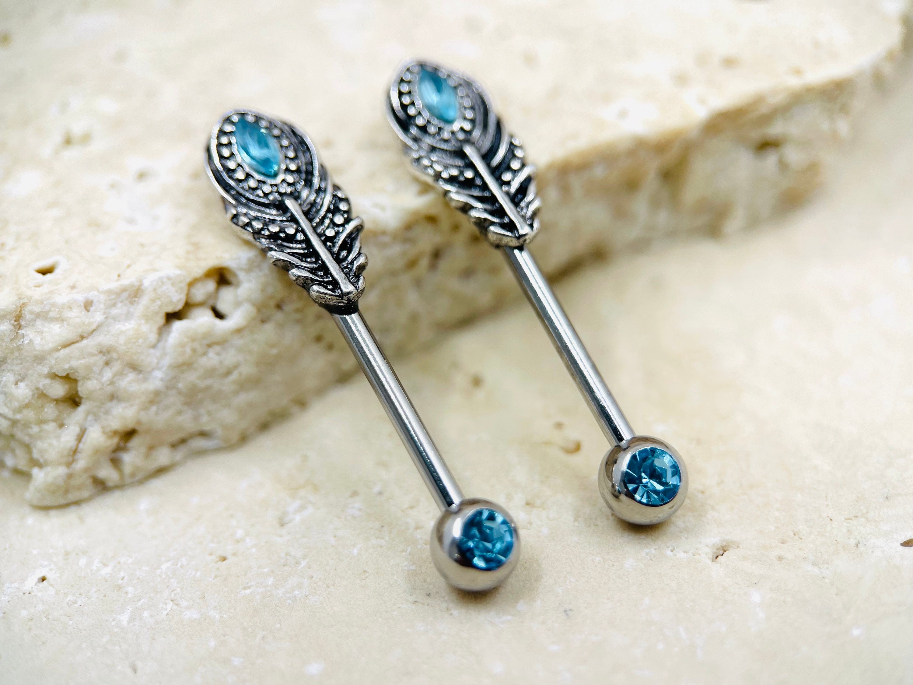 14G Blue Gem Feather Nipple Barbell • Feather Nipple Piercing • Nipple Jewelry