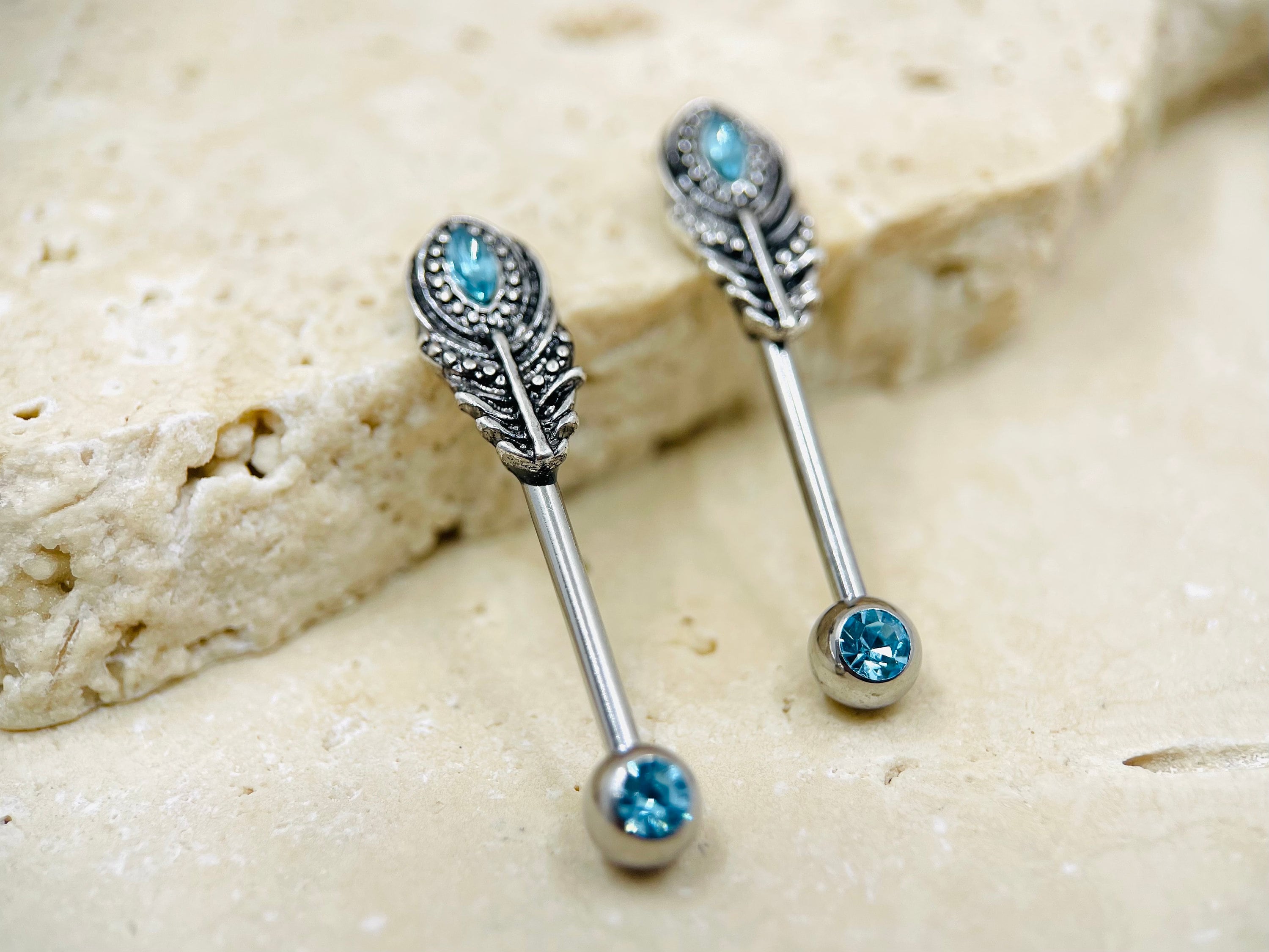 14G Blue Gem Feather Nipple Barbell • Feather Nipple Piercing • Nipple Jewelry