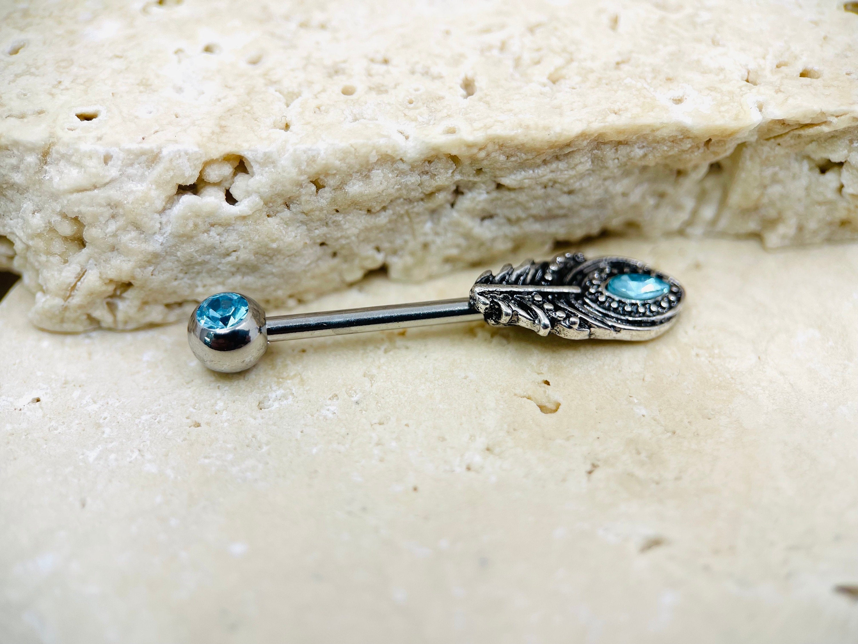 14G Blue Gem Feather Nipple Barbell • Feather Nipple Piercing • Nipple Jewelry