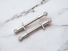 14G Silver Dagger Nipple Barbells, Bezel Set Clear Gem Nipple Rings, Nipple Jewelry