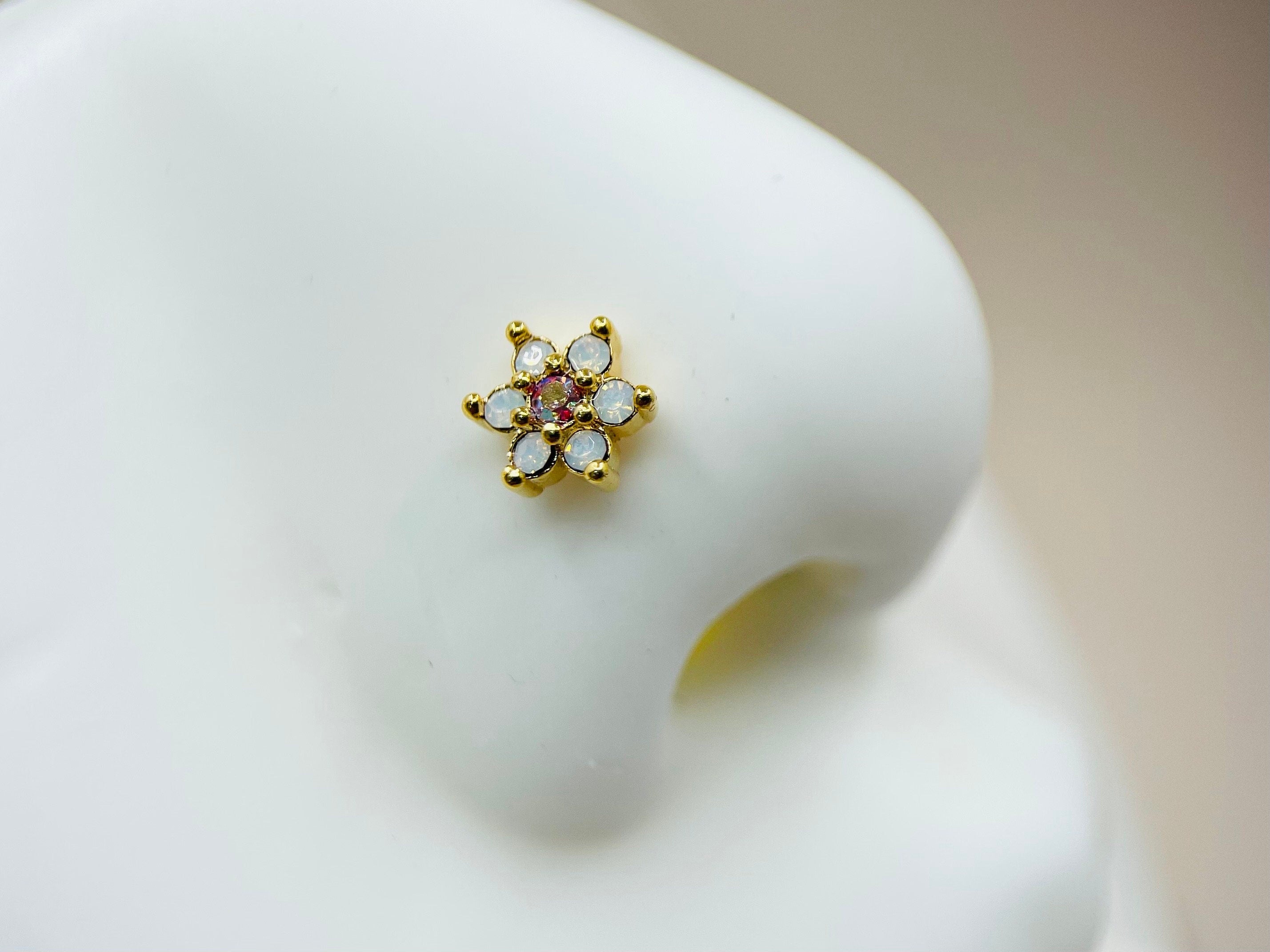 20G Gold Sparkling Rose Pink Flower Nose Stud, Nose Bone Stud, Flower Nose Ring, Nose Piercing