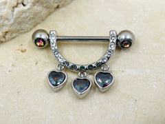 Floating Hearts Nipple Barbell, Multicolor Iridescent Gem Dangling Triple Hearts Nipple Piercing, Nipple Jewelry