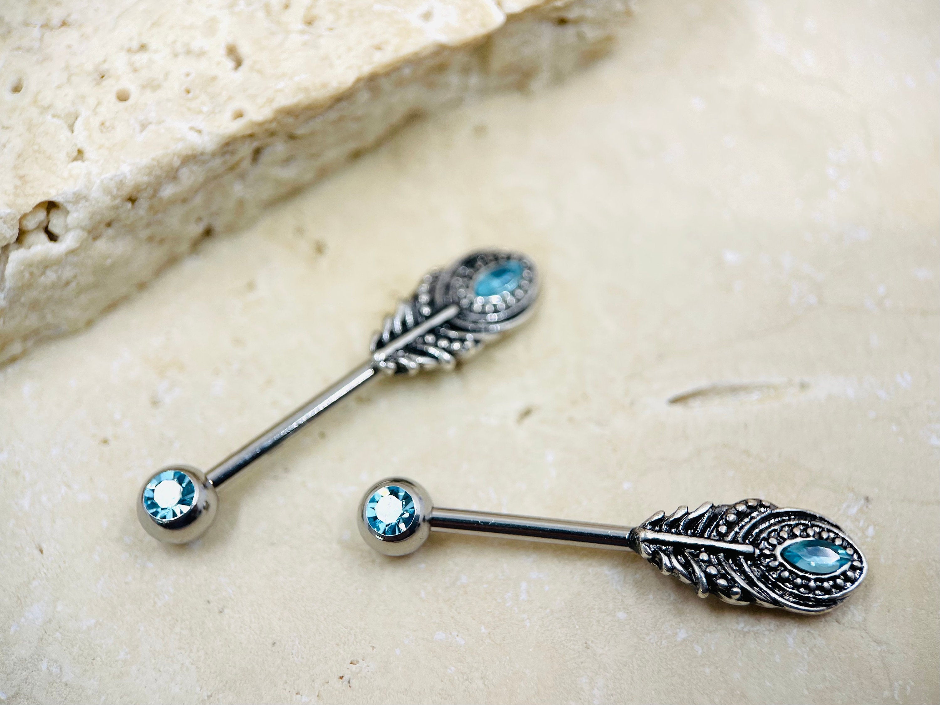 14G Blue Gem Feather Nipple Barbell • Feather Nipple Piercing • Nipple Jewelry